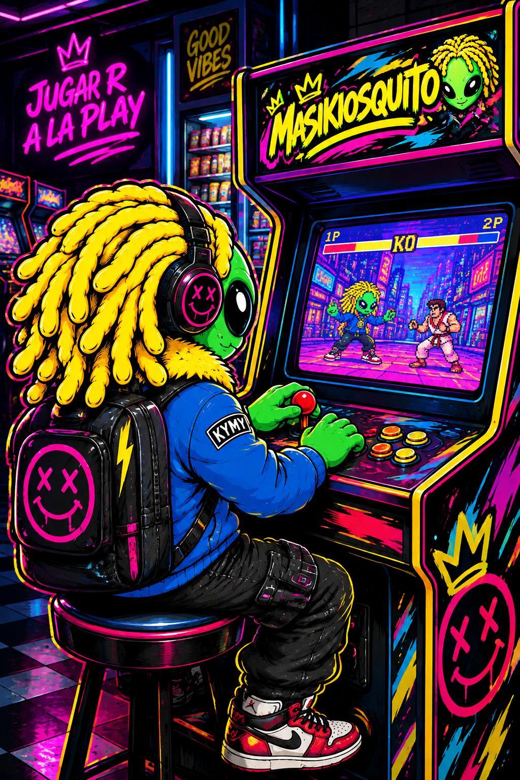 Alien de MasiKiosquito jugando en un fichín arcade