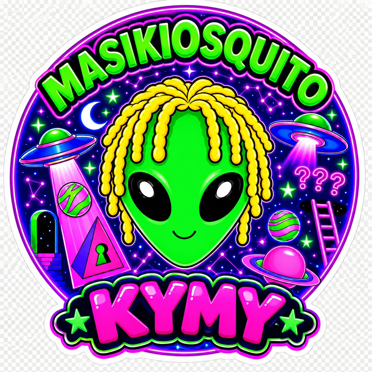 Logo de MasiKiosquito: alien verde con rastas amarillas