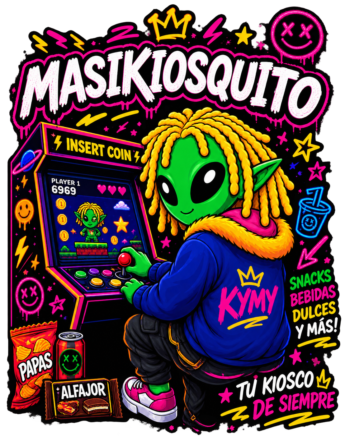 Afiche de MasiKiosquito con snacks y el mascota alien